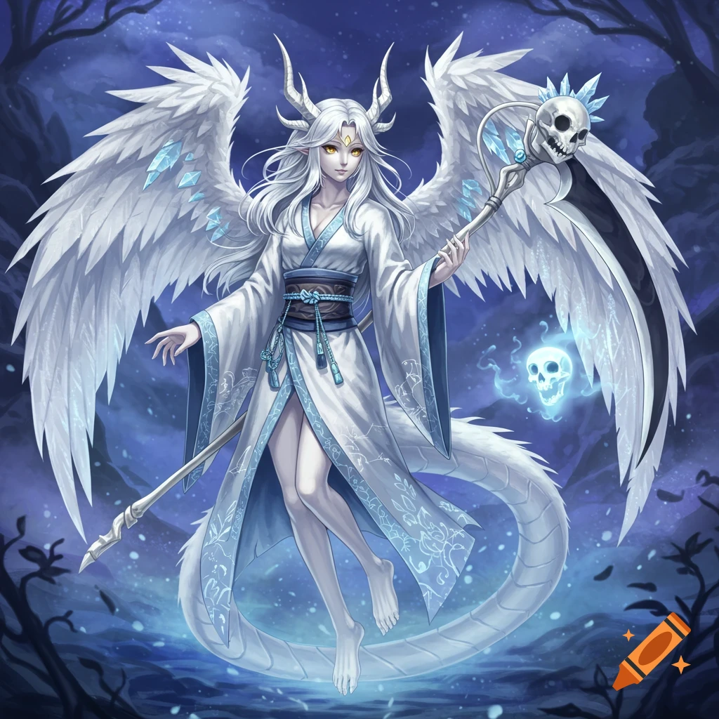 Anime fantasy character with dragon features, white wings, kimono, and skull staff in a dark, mystical forest.