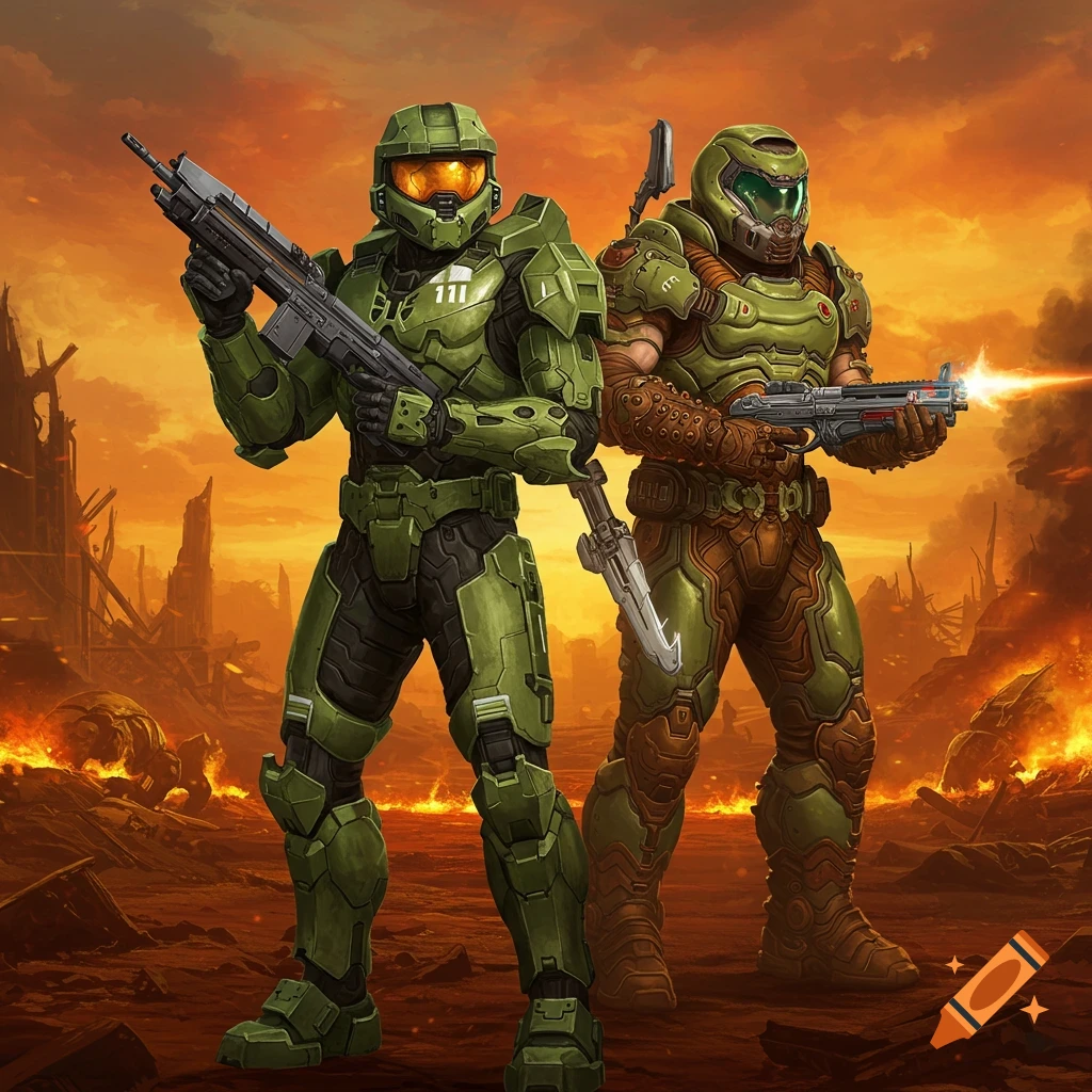 Master Chief and Doom Slayer stand side-by-side in a burning, ruined landscape, holding weapons.