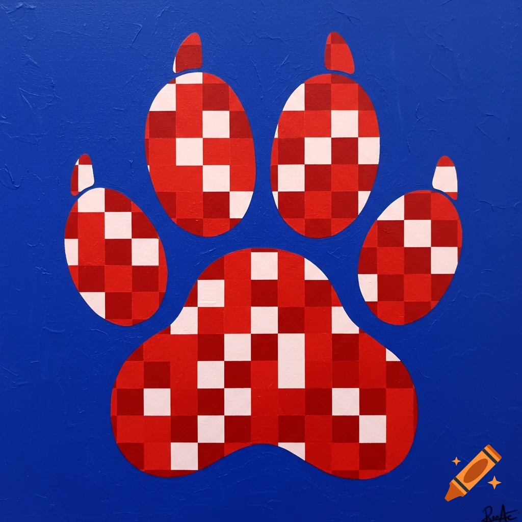 A stylized paw print with a red and white checkerboard pattern on a textured blue background.