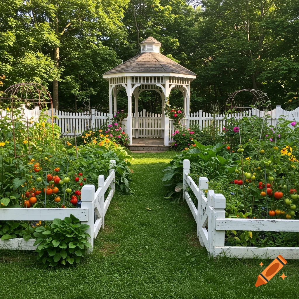 A garden path leads to a white gazebo, flanked by beds of vegetables and flowers and a white picket fence.