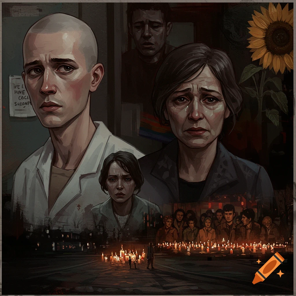 Stylized portraits of sad individuals and a group at a candlelit vigil.