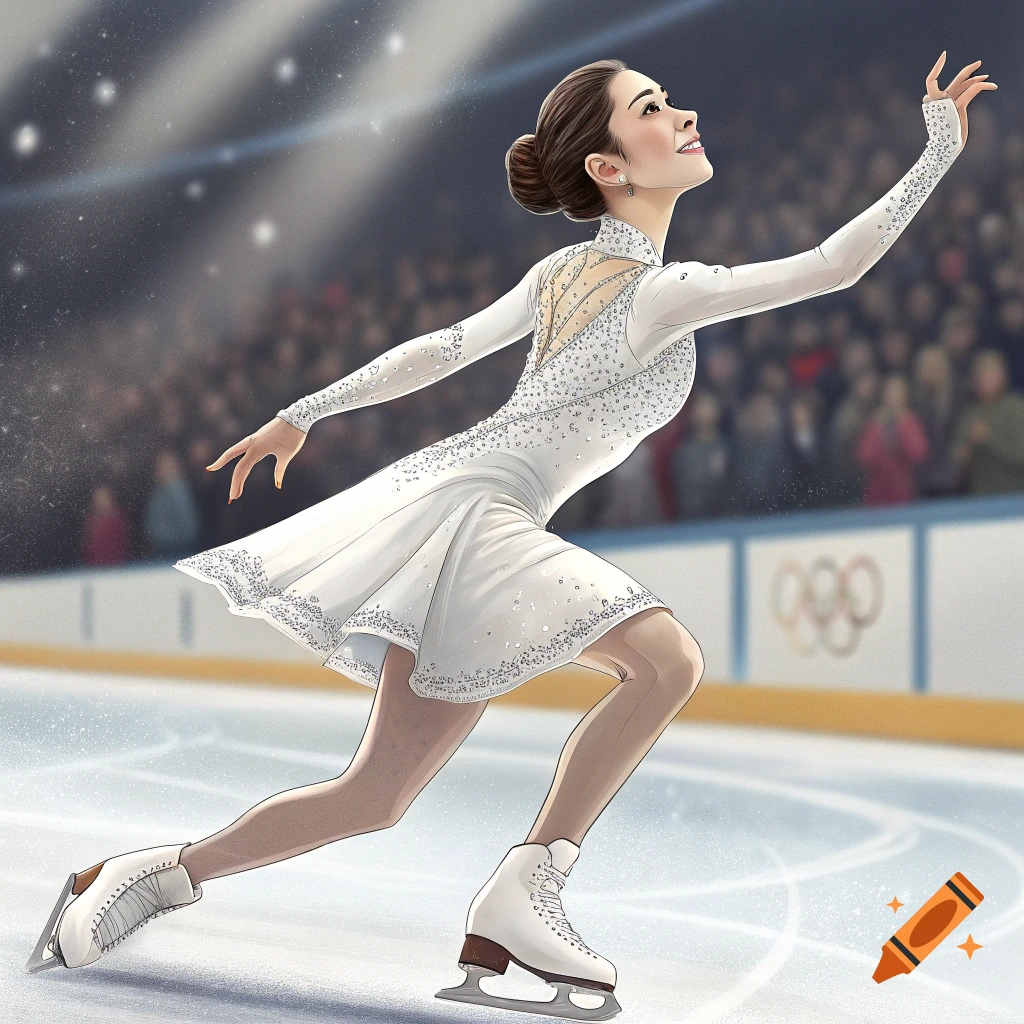 Illustration of a figure skater performing on the ice in an arena.