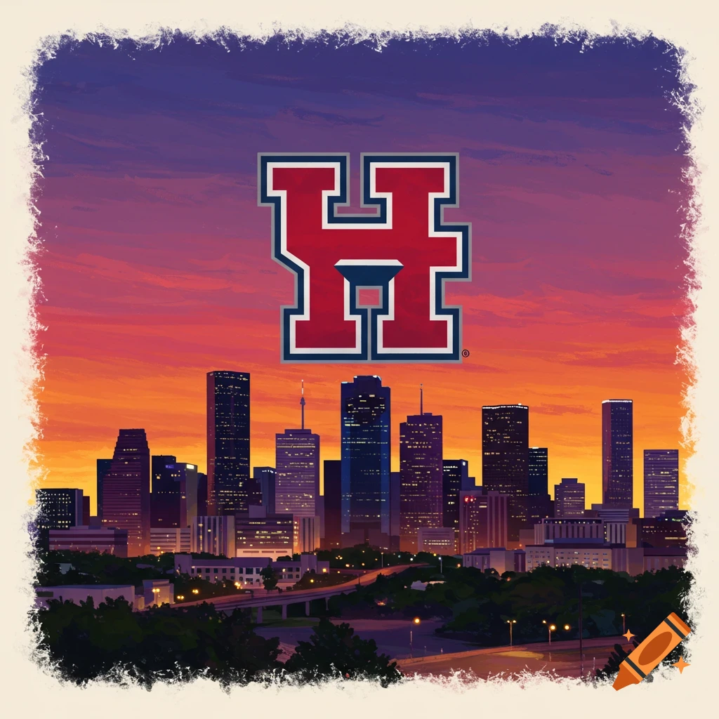 UH logo over a city skyline at sunset with a painted border