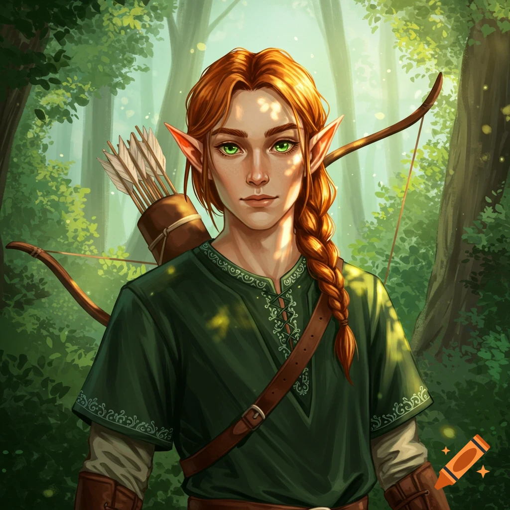 A red-haired elf with a bow and quiver stands in a sun-dappled forest.