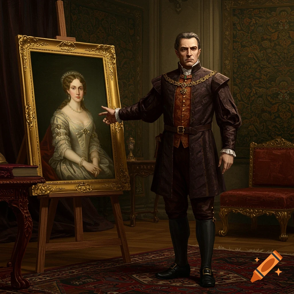 A man in historical attire stands next to a framed portrait of a woman in a rich room setting.