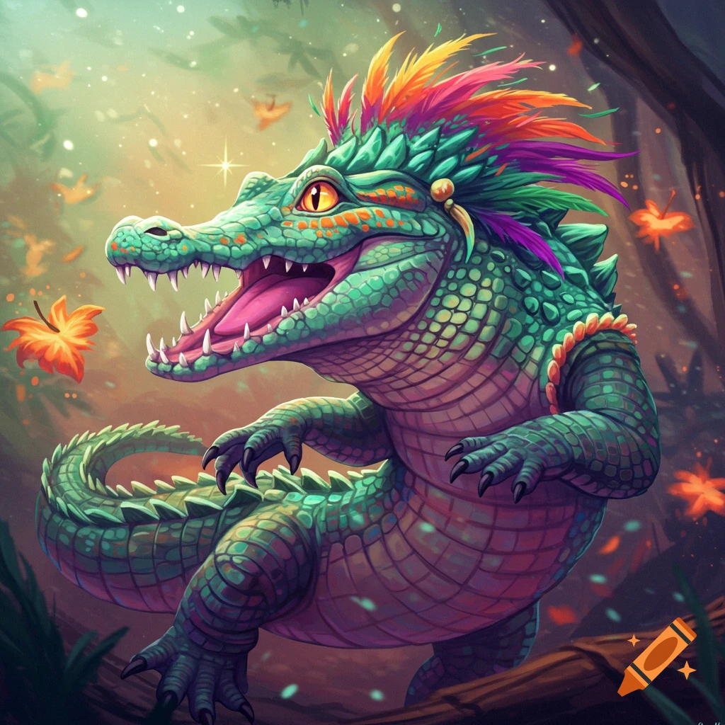 Colorful cartoon alligator with feathers dancing in a forest.