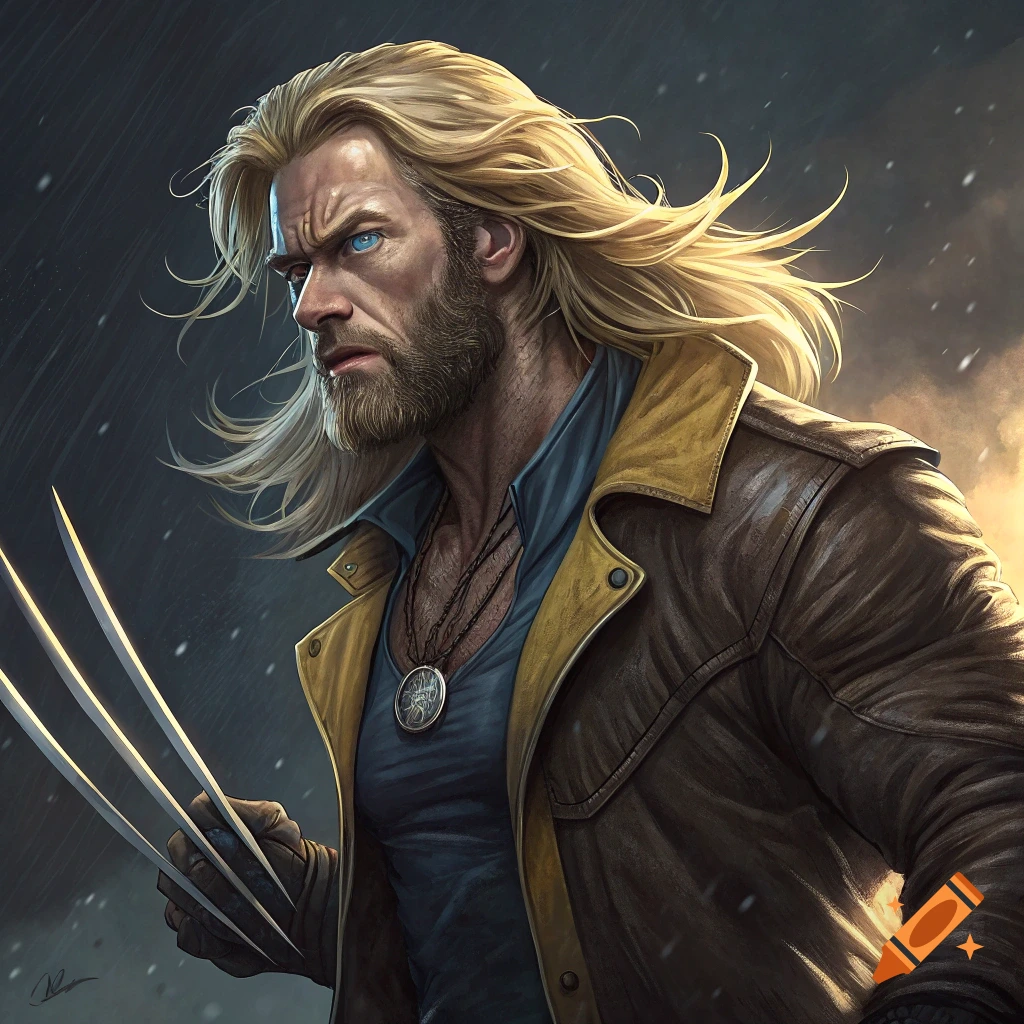 Comic art of a rugged man with blonde hair and metal claws in a storm.