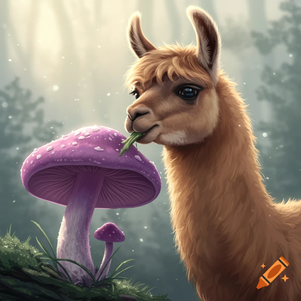A llama eating a giant purple mushroom in a forest