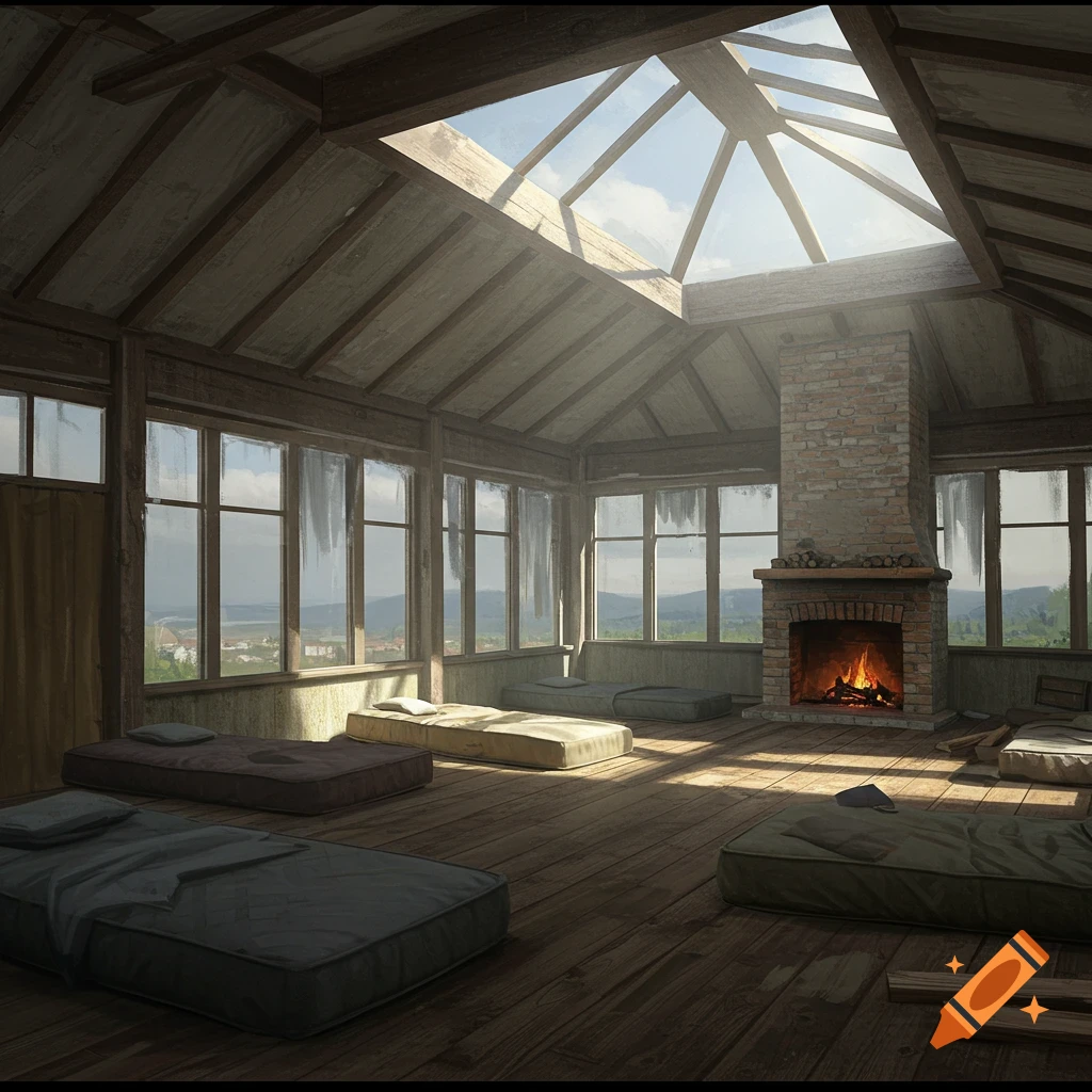 A sunroom with a skylight, mattresses on the floor, a lit fireplace, and windows showing a distant landscape.
