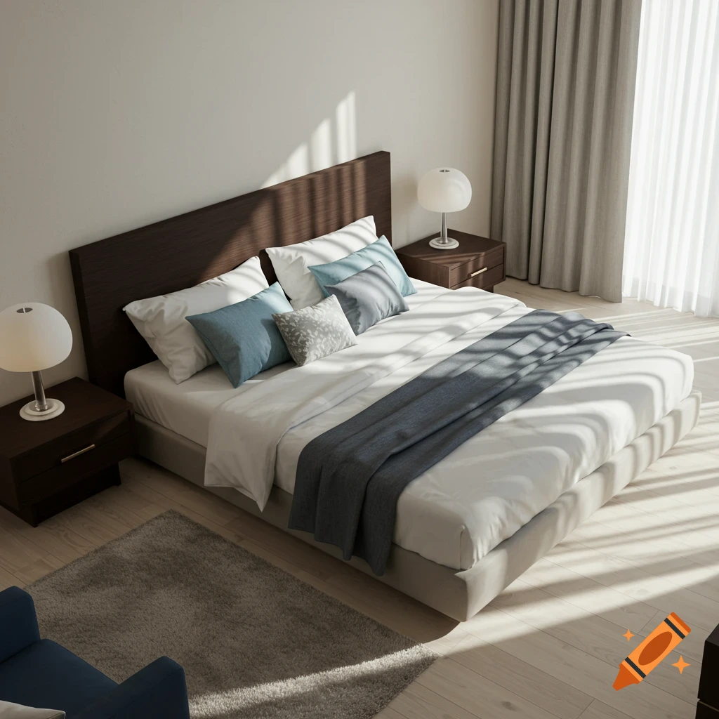 Top-down view of a modern bedroom with a large bed, nightstands, and sunny curtains.