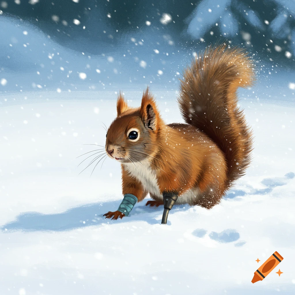A red squirrel with a prosthetic leg and bandage walks through falling snow.