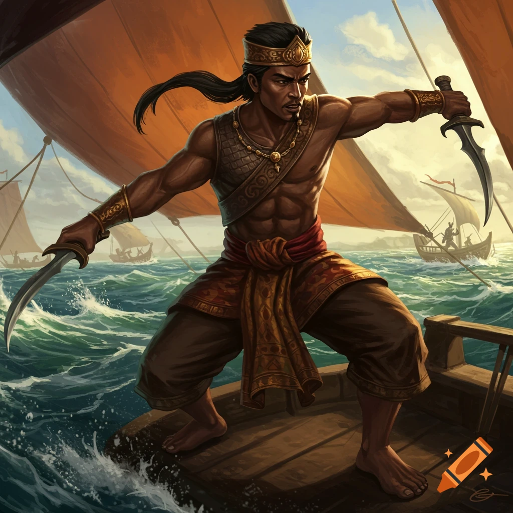 Illustration of a warrior holding swords on a boat at sea.