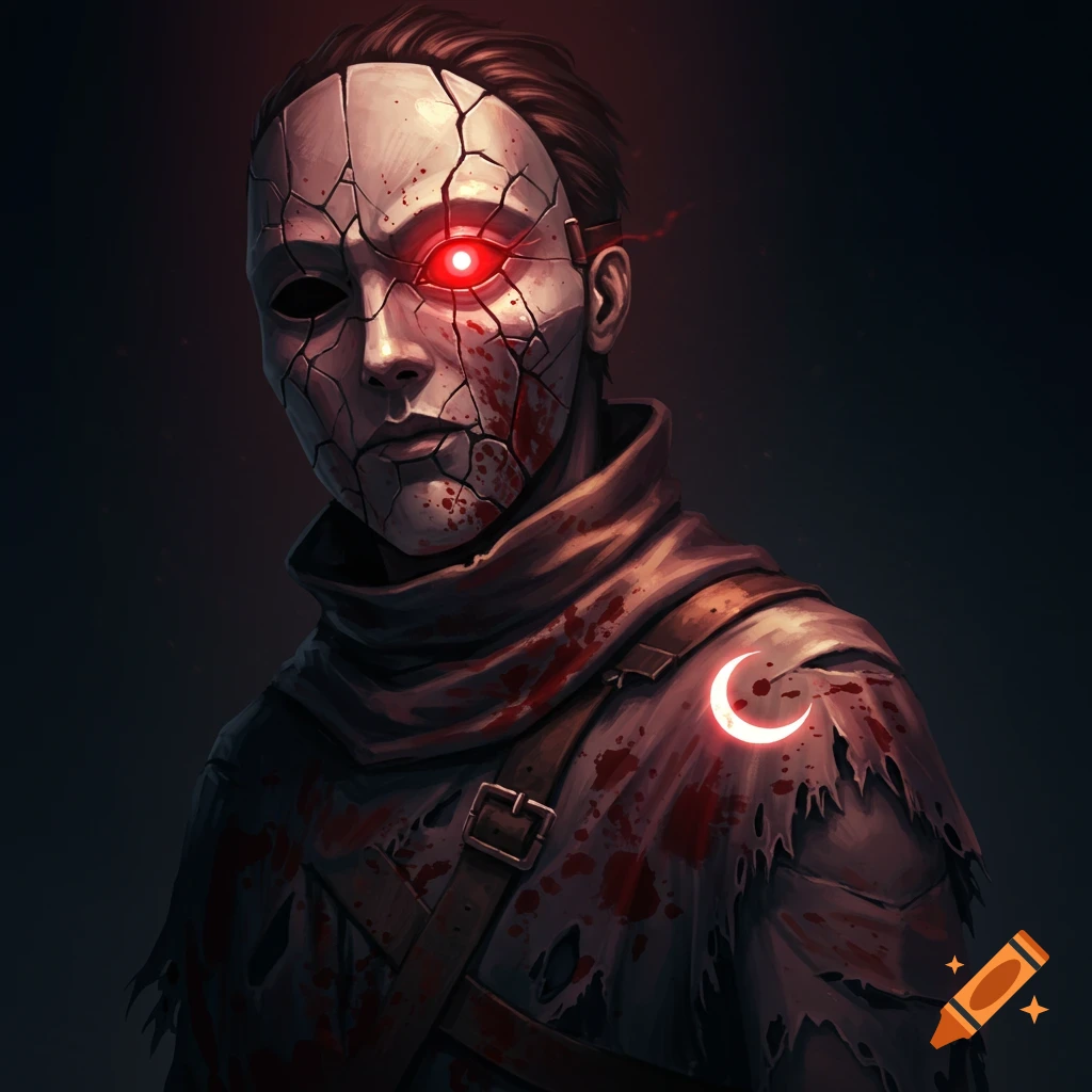 Figure with cracked mask, glowing red eye, blood-stained clothes, and glowing crescent moon symbol on shoulder.