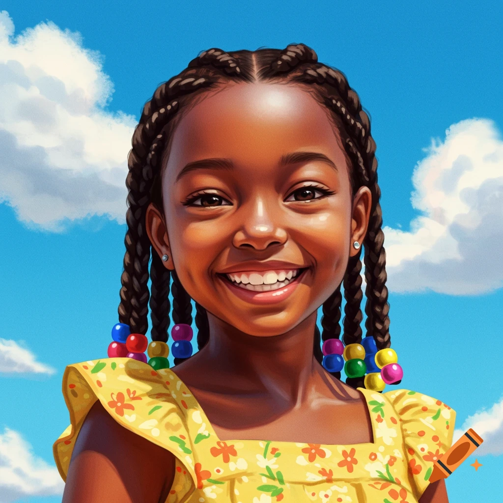 Portrait of a smiling African American girl with braided hair and beads against a blue sky, digital art.