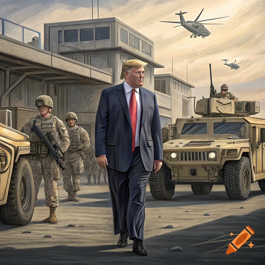 Donald Trump walks through a military base escorted by soldiers and vehicles, with helicopters overhead.