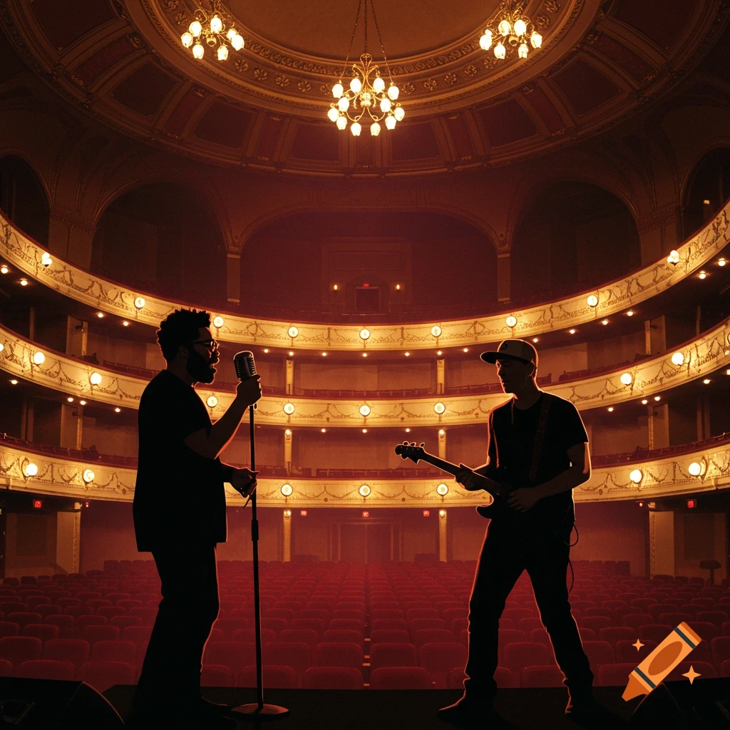Silhouettes of two men, one singing and one playing guitar, performing on a stage in a large vintage theater filled with empty red seats.