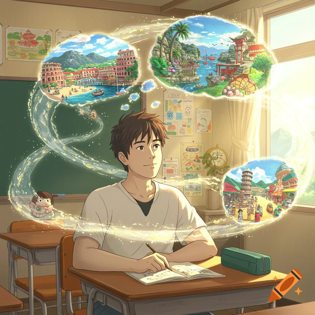 Anime student daydreaming about travel in a classroom.