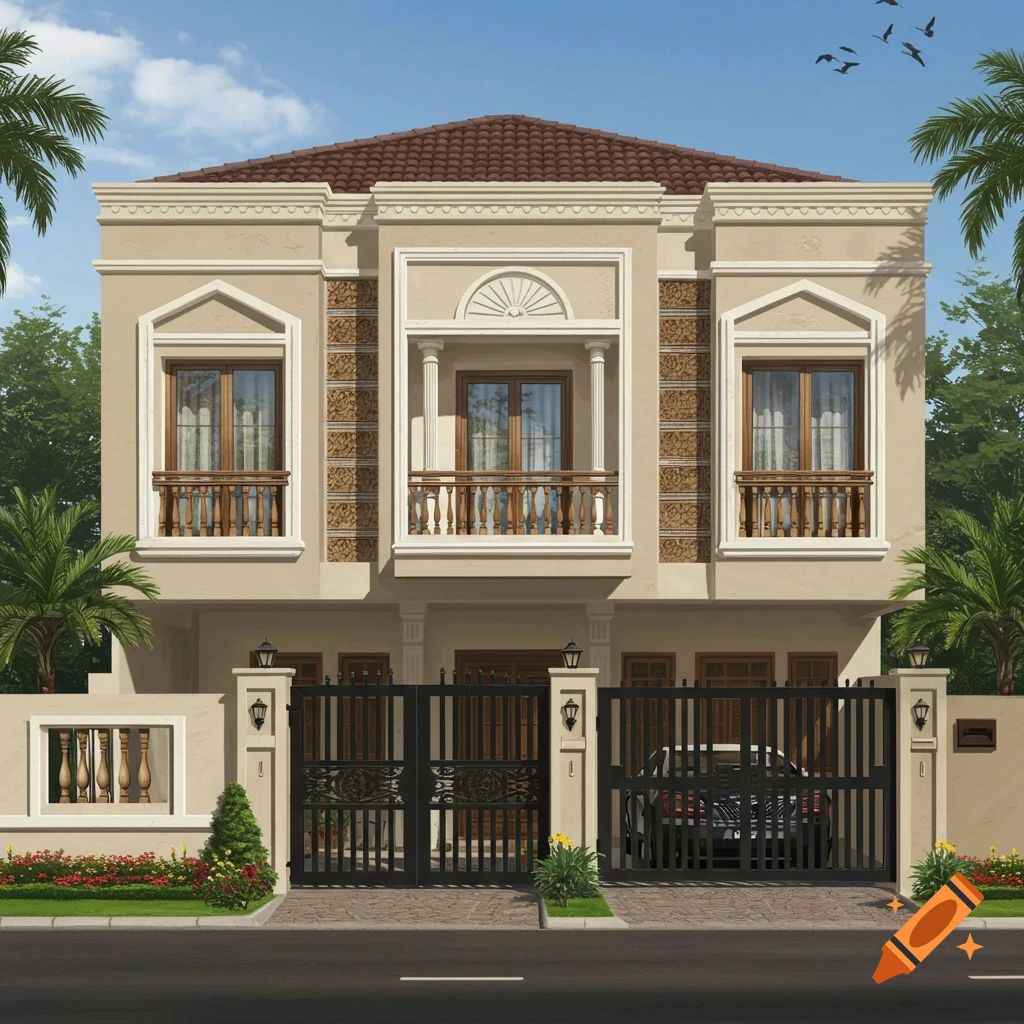 Architectural rendering of a two-story house with a dark gate and palm trees.