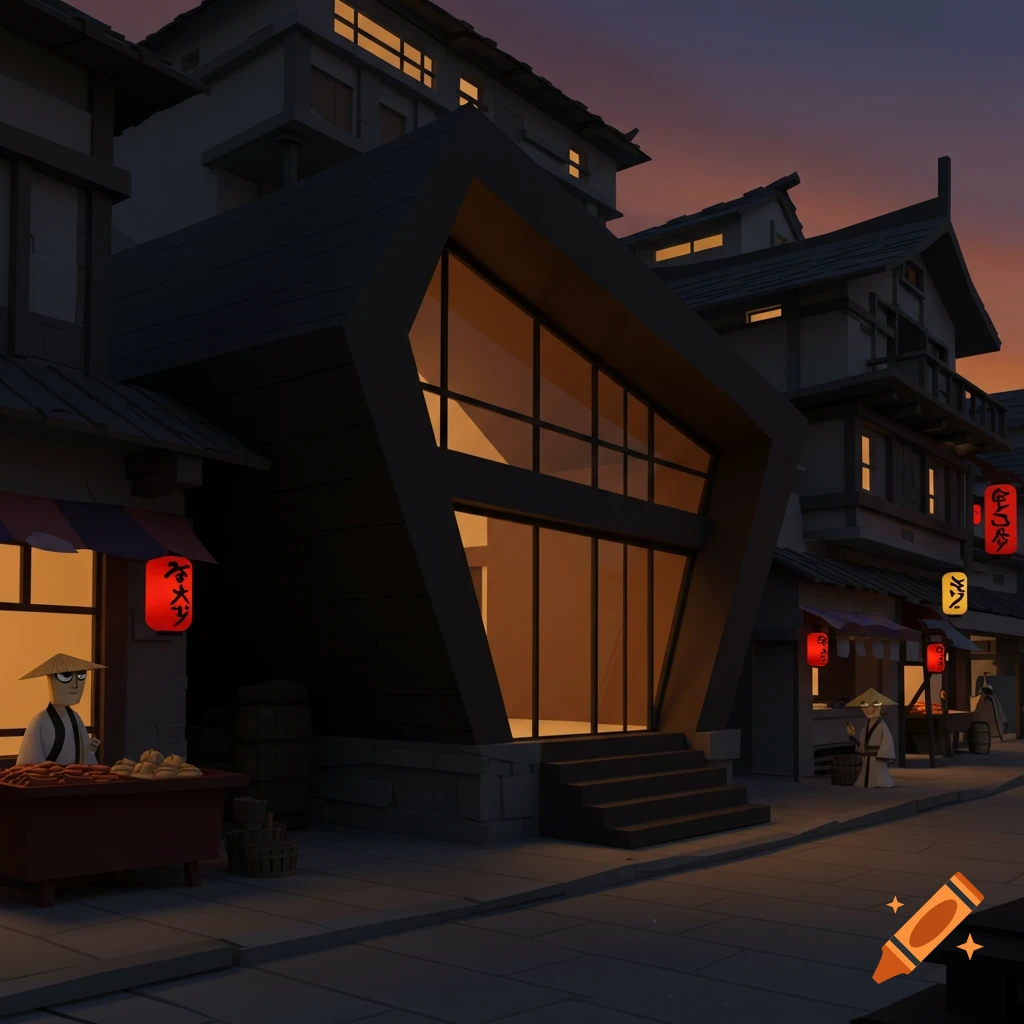 Stylized street scene at dusk with traditional and modern buildings, vendors with carts, in Samurai Jack style.