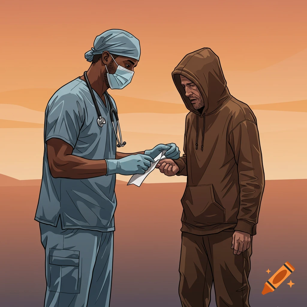 Graphic novel style image of a doctor wearing scrubs and mask helping a man in a hoodie.