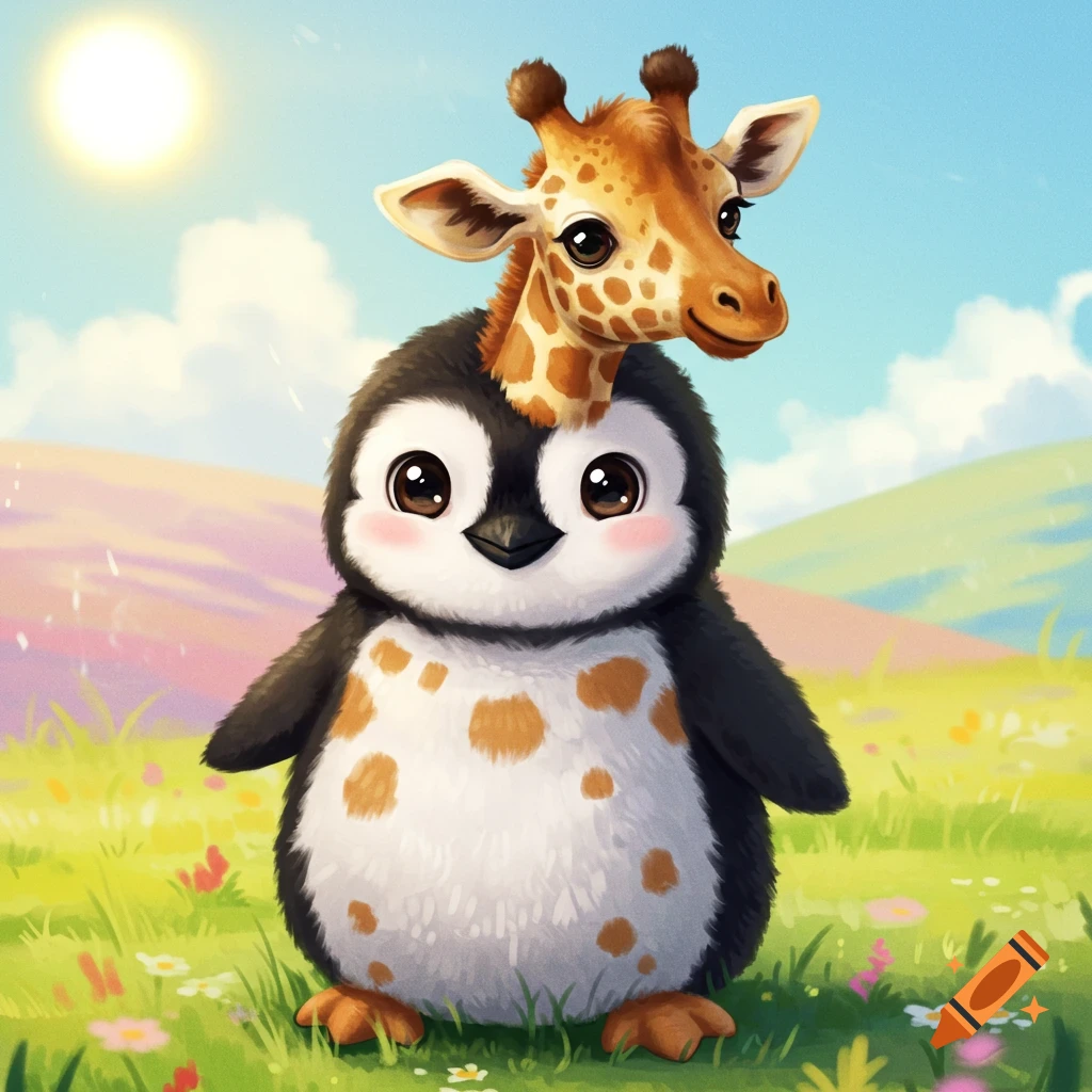 Cute cartoon penguin with a giraffe head standing in a sunny field with flowers.