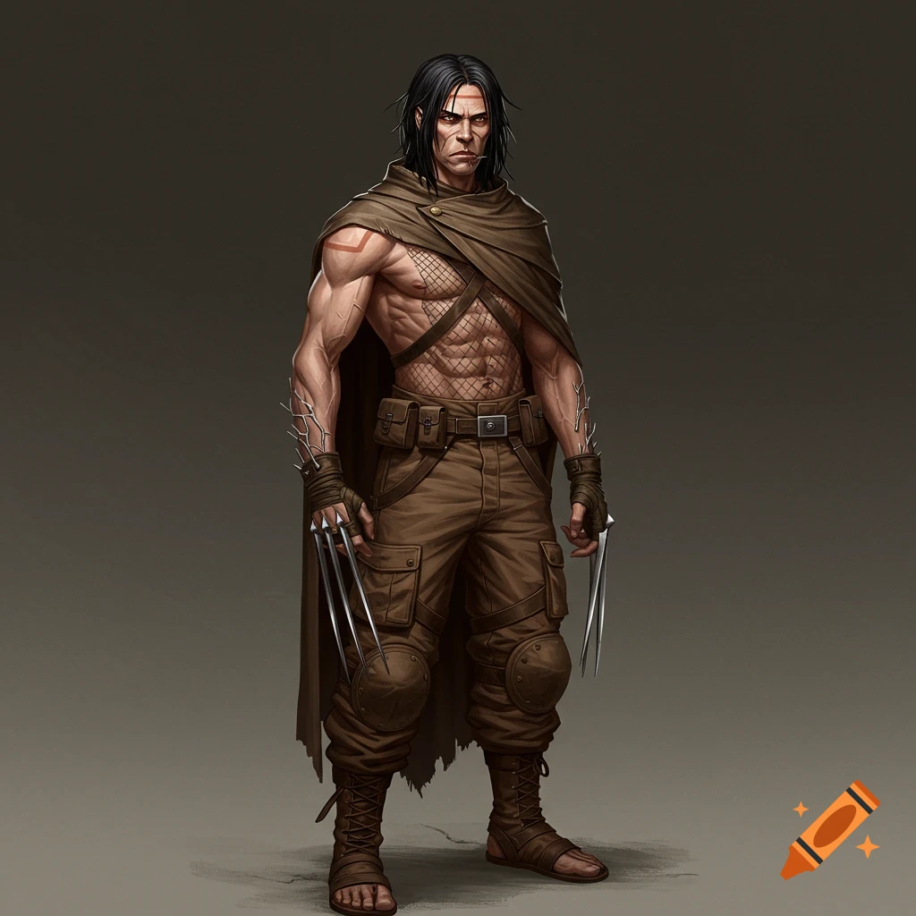 Illustration of a muscular man with black hair, wearing a brown cloak and tactical gear, with sharp claws on his hands.