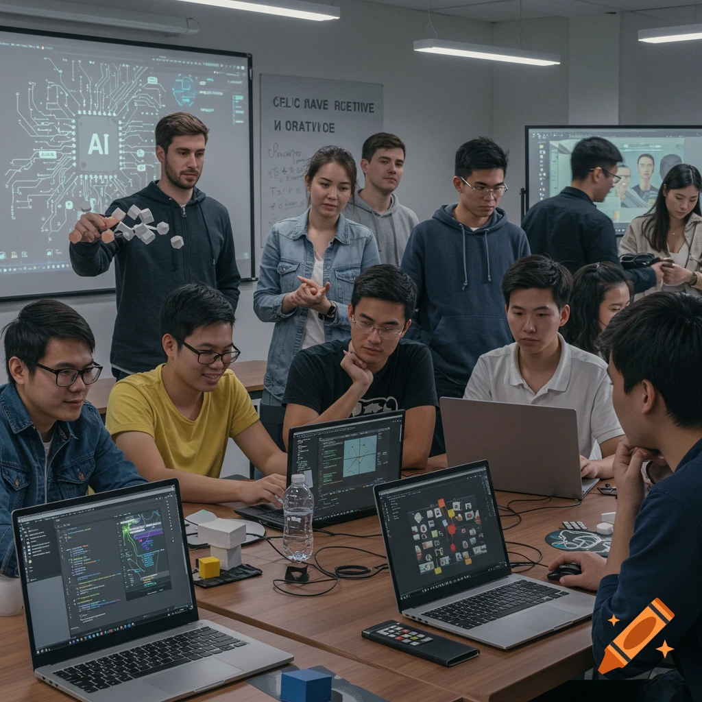Students and teachers in an AI workshop using laptops and looking at screens.