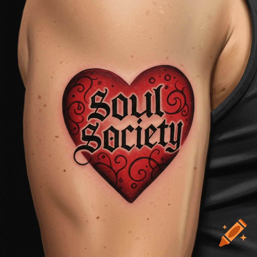Heart tattoo with the words 'Soul Society' on a bicep.