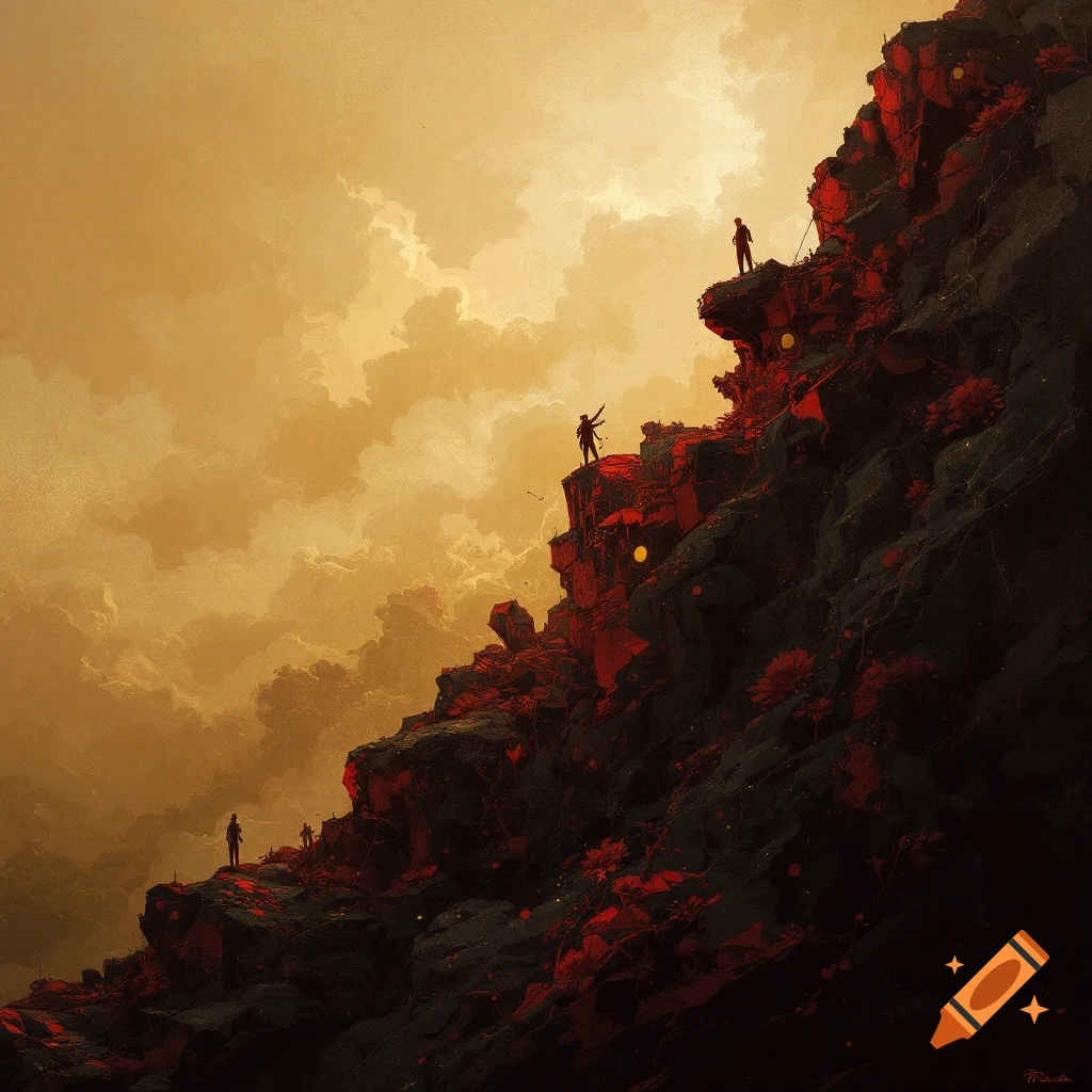 Silhouetted figures climb a dark, red-lit cliff under a dramatic orange sky in a fantasy illustration.