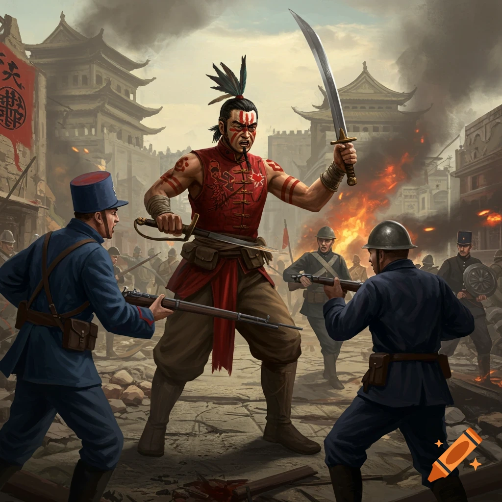 Illustration of a warrior with swords fighting soldiers with rifles in a ruined city street.