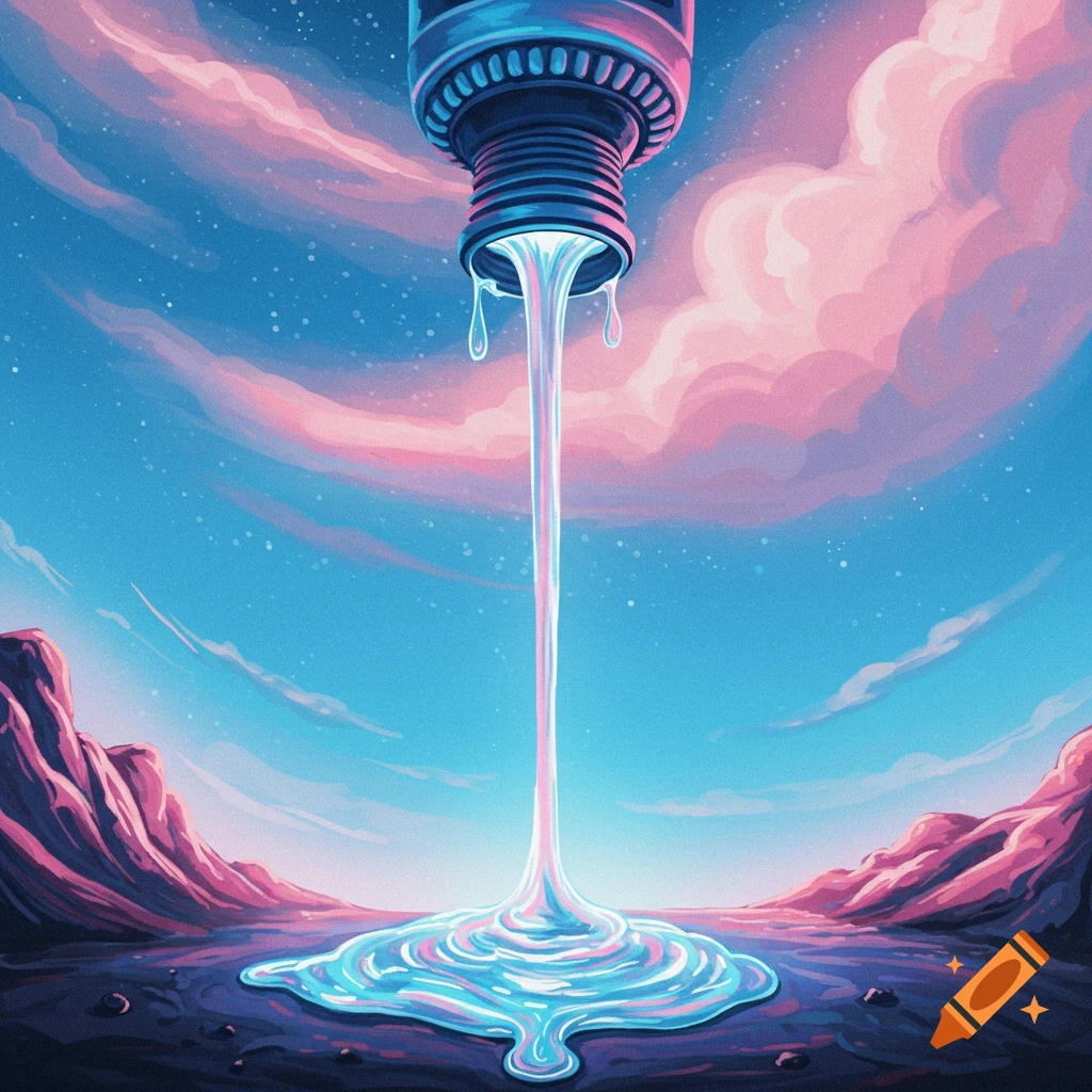 Abstract sci-fi landscape with pink clouds and liquid pouring from a pipe onto the ground.