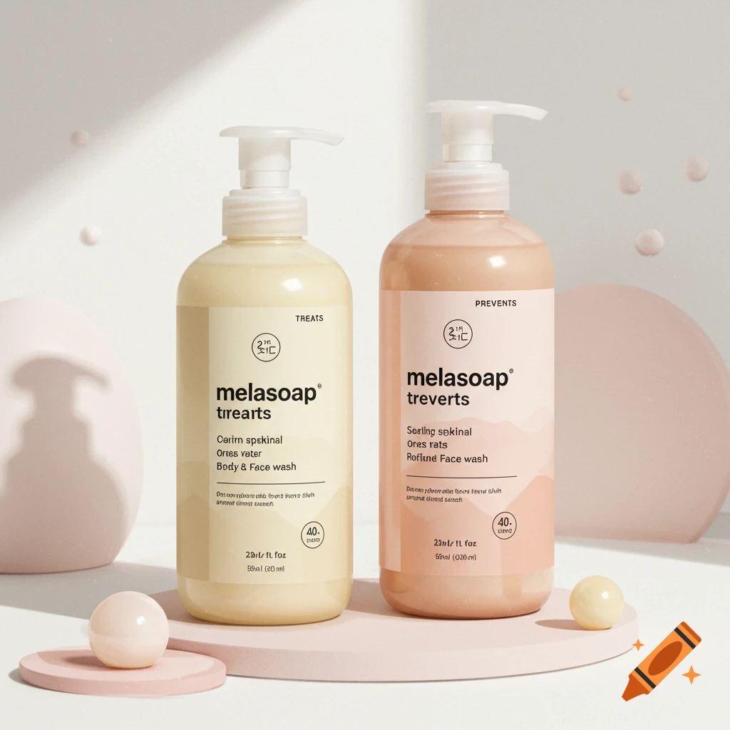 Two bottles of body and face wash, one yellow and one pink, on a pink platform with spheres.