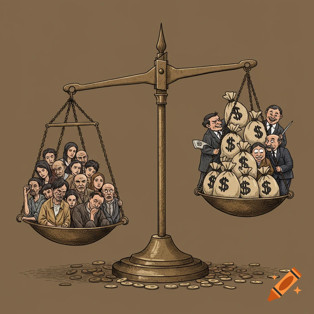 Illustration of a scale where many poor people weigh down one side and fewer rich people with money bags hold up the other.