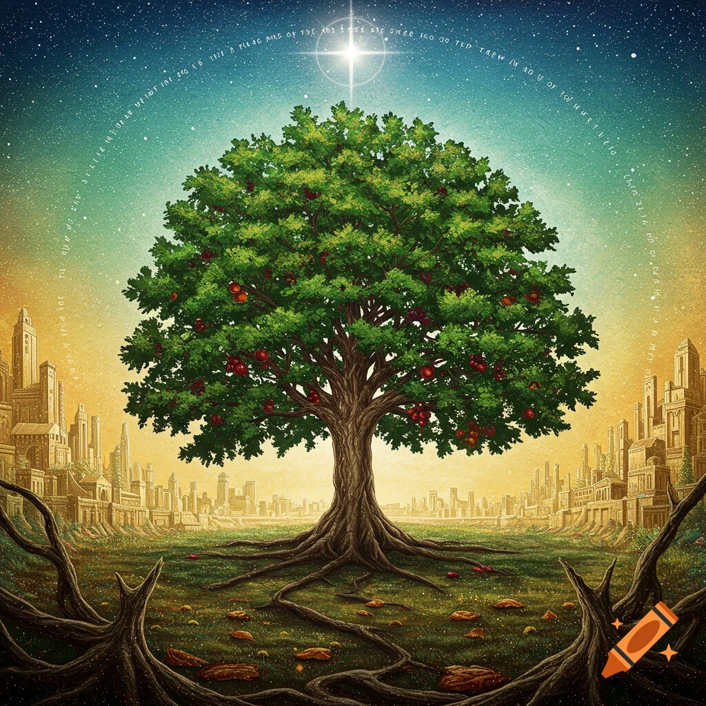 A large tree with red fruits and roots stands in a field before a city skyline and starry sky.