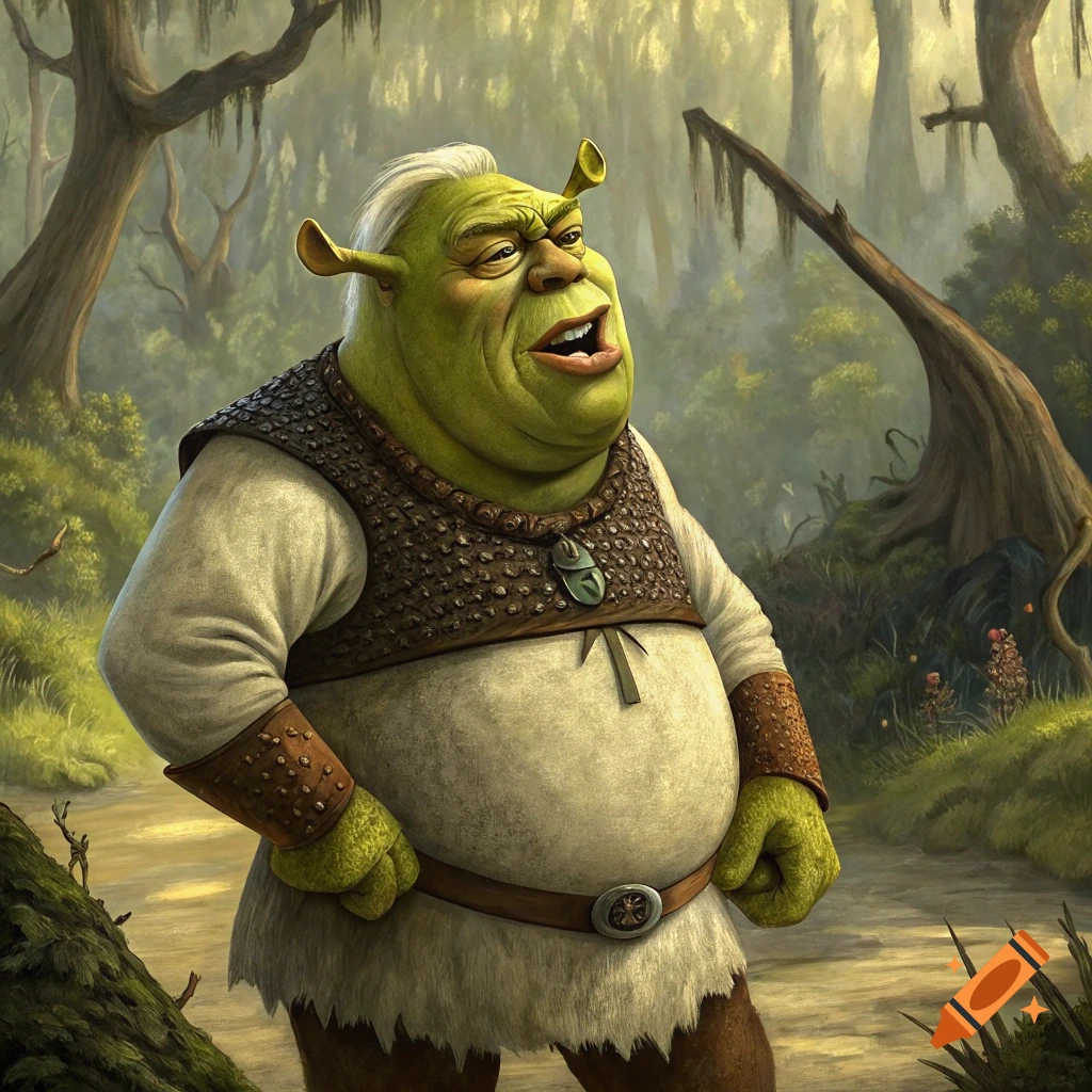 A detailed rendering of a Shrek-like ogre character with Donald Trump's face, standing in a swamp.