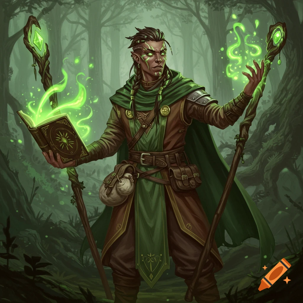 A humanoid fantasy character with green magic, book, and staffs in a forest