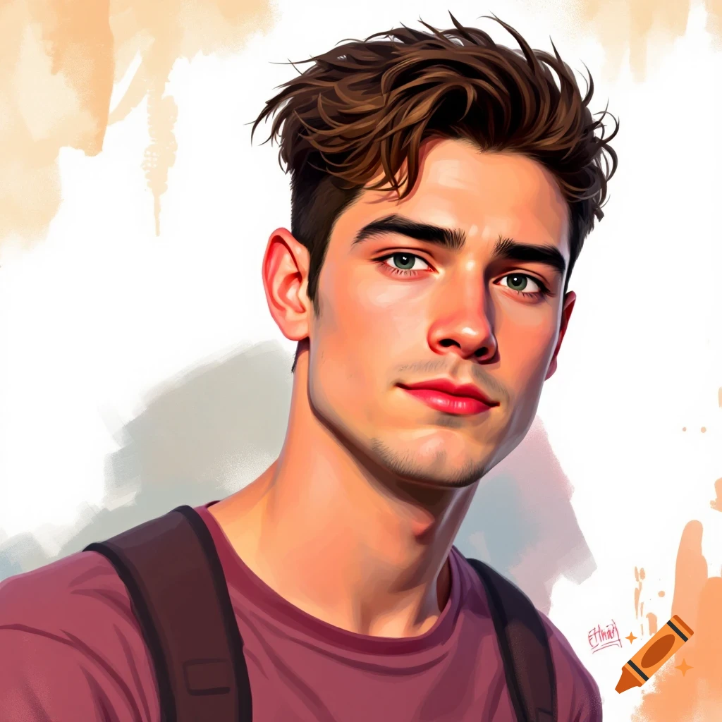 Illustrative portrait of a young man with brown hair and green eyes wearing a maroon shirt.