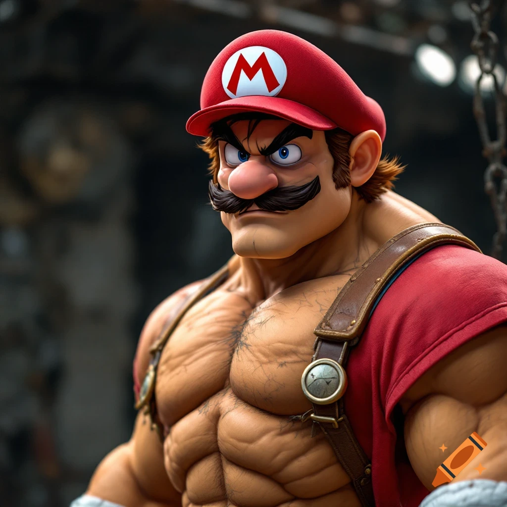 Buff, muscular Mario in a red cap and overalls.