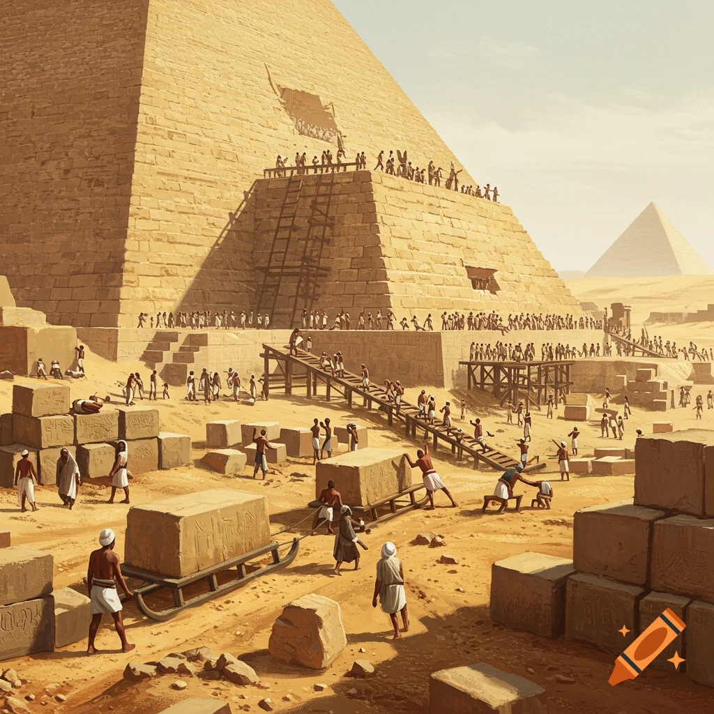 Illustration of workers building a large stone pyramid in the desert under a bright sky. Workers move stone blocks using sledges and ramps.