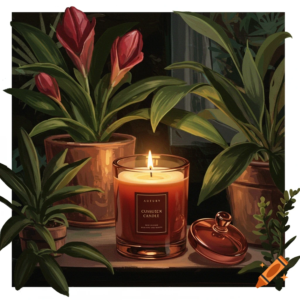 A lit candle in a glass jar sits on a shelf surrounded by potted plants.