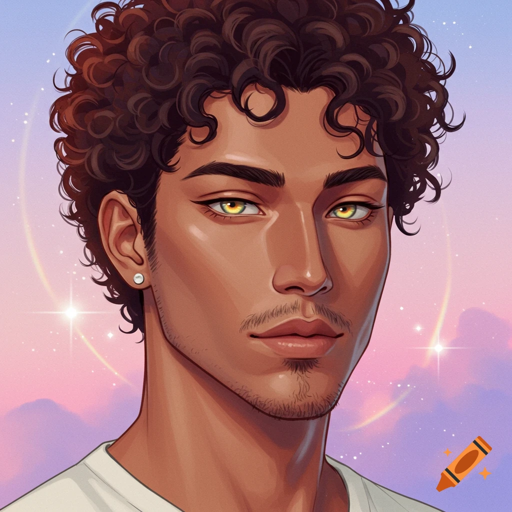 Dreamy anime portrait of a man with curly hair and topaz eyes against a starry sky.
