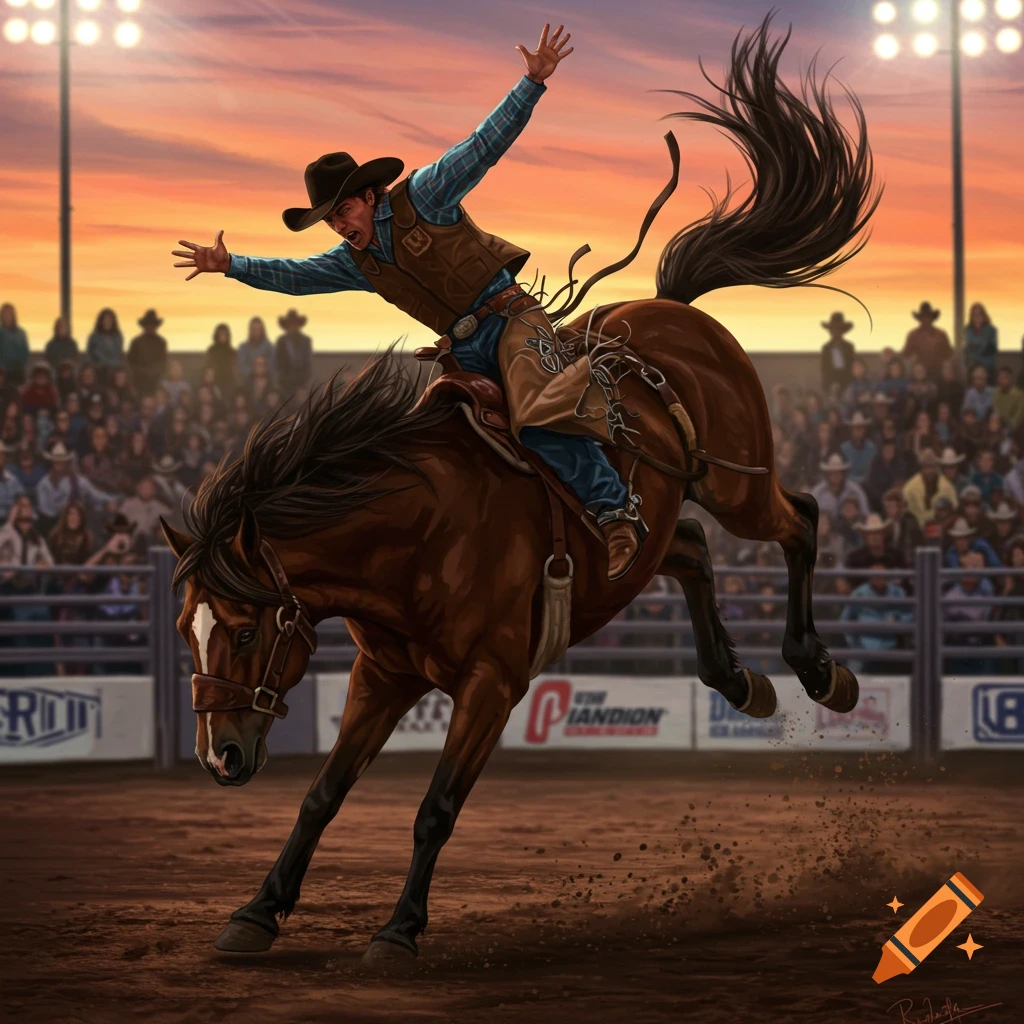 Cowboy is thrown from a bucking horse in a rodeo arena with a crowd and sunset in the background.