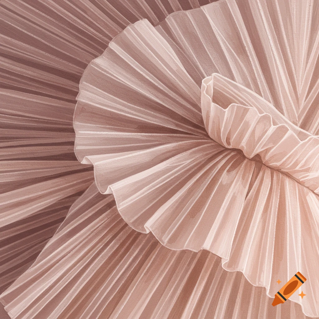 Close-up illustration of layered, pleated fabric in pink and mauve tones.