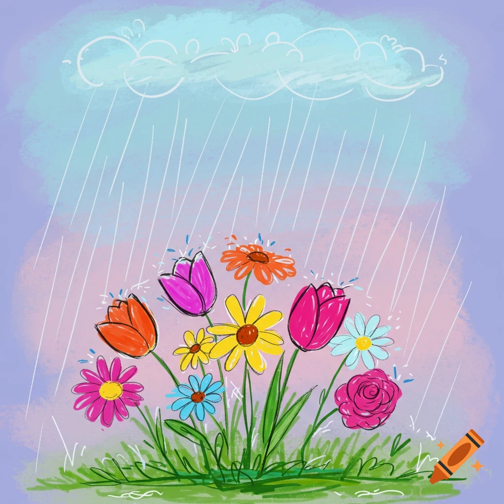 A childlike sketch illustration shows colourful flowers growing in green grass under a cloudy sky with falling rain.