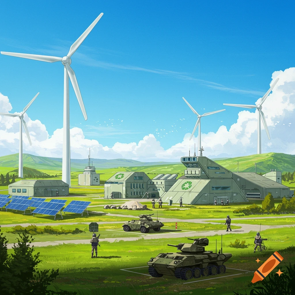 Illustration of an eco-friendly military base with wind turbines, solar panels, soldiers, and tanks in a grassy landscape.