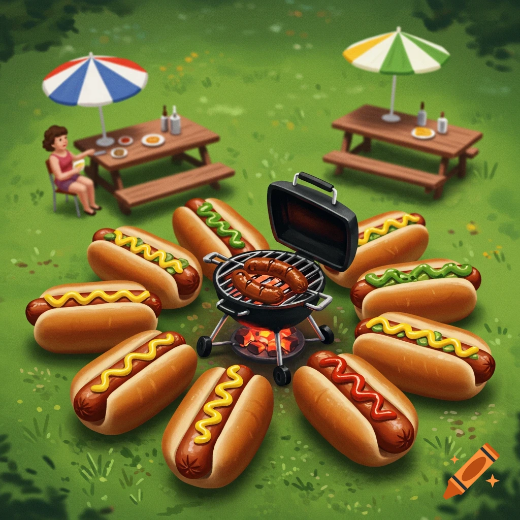 A top-down illustration of a mini backyard cookout with hot dogs, a small grill, picnic tables, umbrellas, and a person.