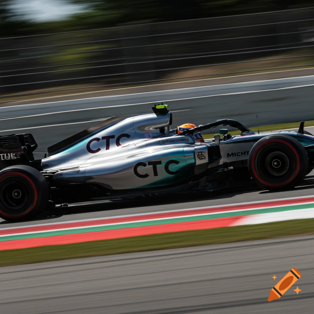 A silver and teal Formula One car with CTC logos races on a track with motion blur.
