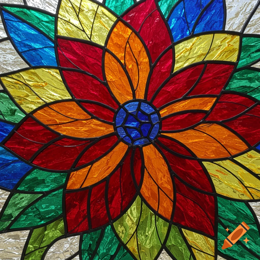 Close-up of a colorful stained glass flower with red, orange, and yellow petals.