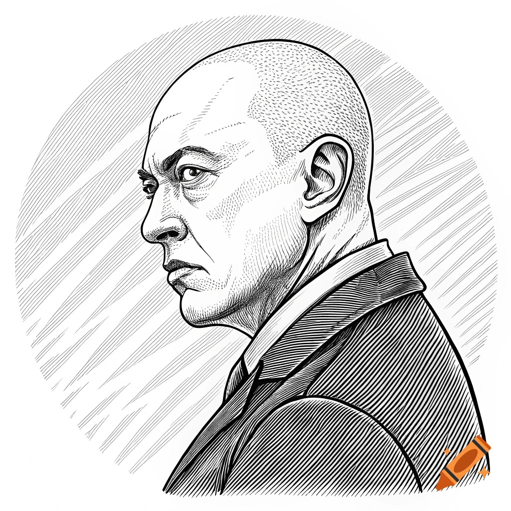 Line drawing portrait of a bald man in a suit, side view.