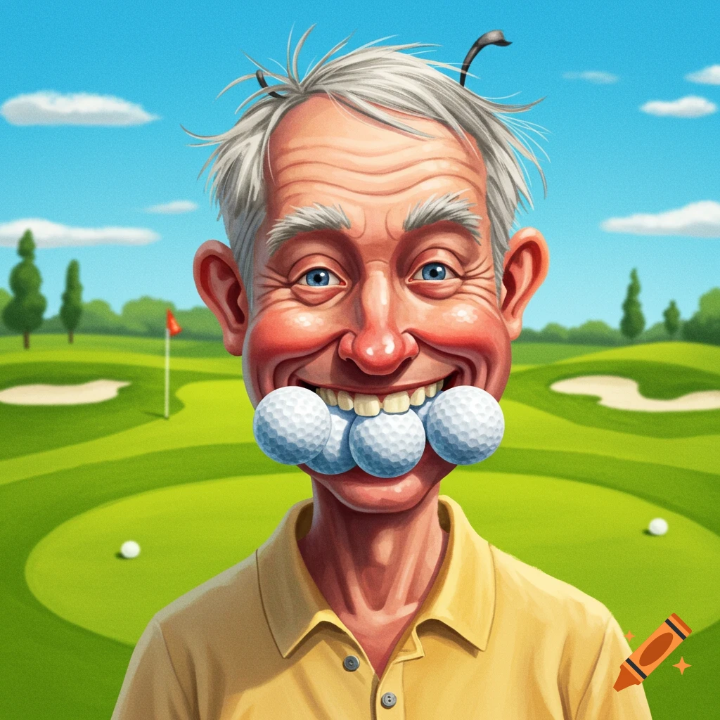 Cartoon illustration of a smiling old man holding golf balls in his mouth on a golf course.